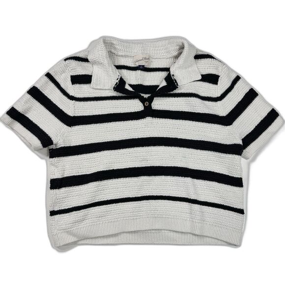 Universal Thread Striped Knit Polo Sweater Top Black White Stripe XL Nautical - Picture 1 of 5
